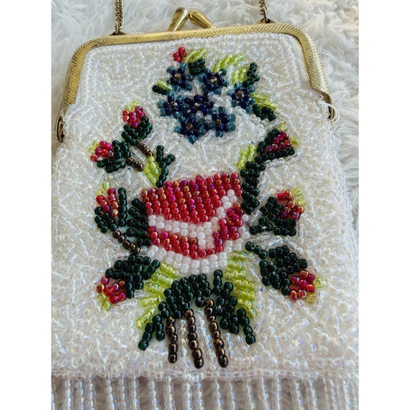 Vintage Floral Hand Beaded Fringe Chain Strap Tiny Seed Evening Purse Flapper - Picture 4 of 16